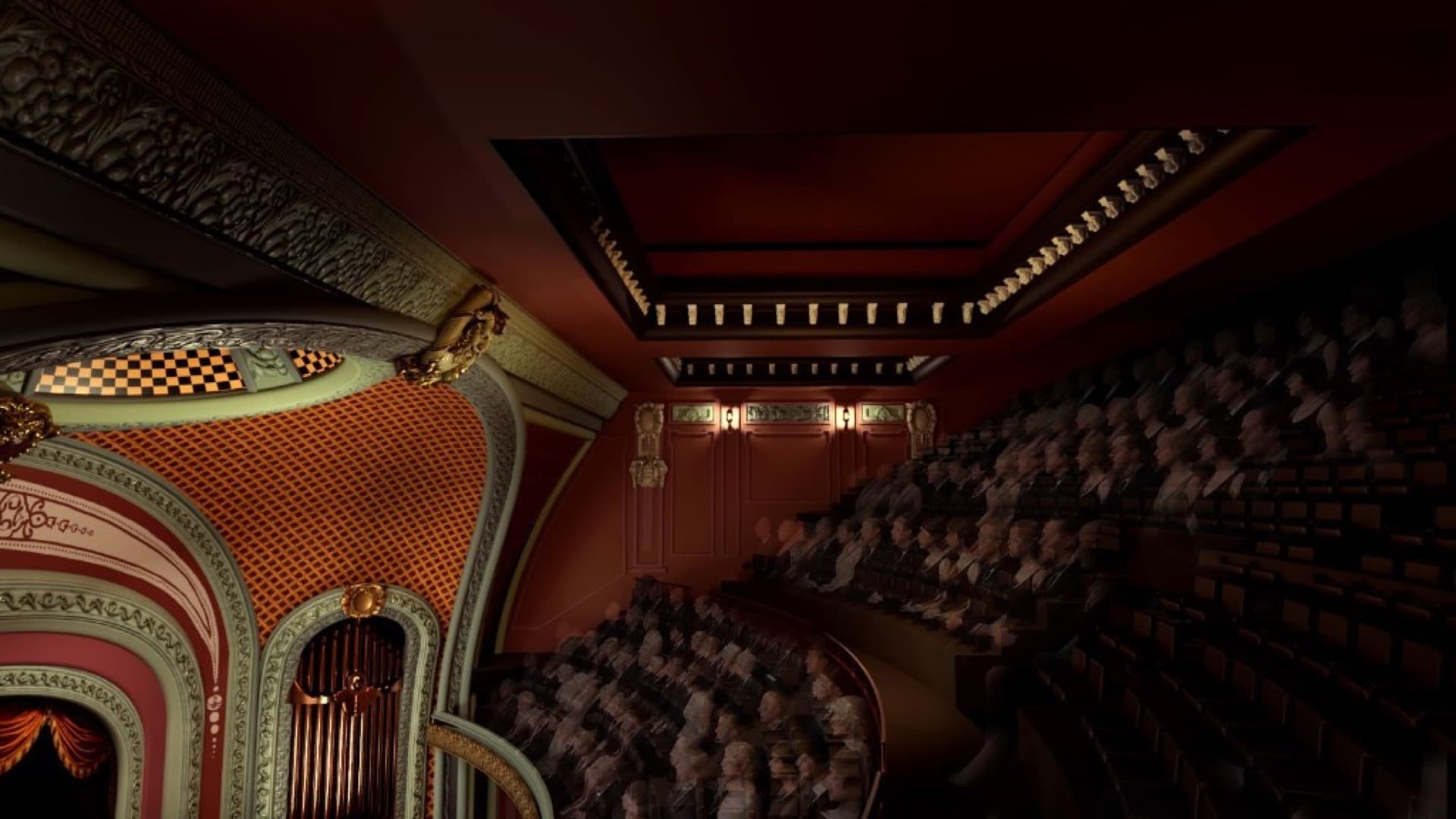 A historic theater balcony with motion-blurred sepia silhouettes of audience members fading in their seats, ornate gilded plaster moldings, a cherub at the corner, and a deep crimson proscenium arch lit warmly above